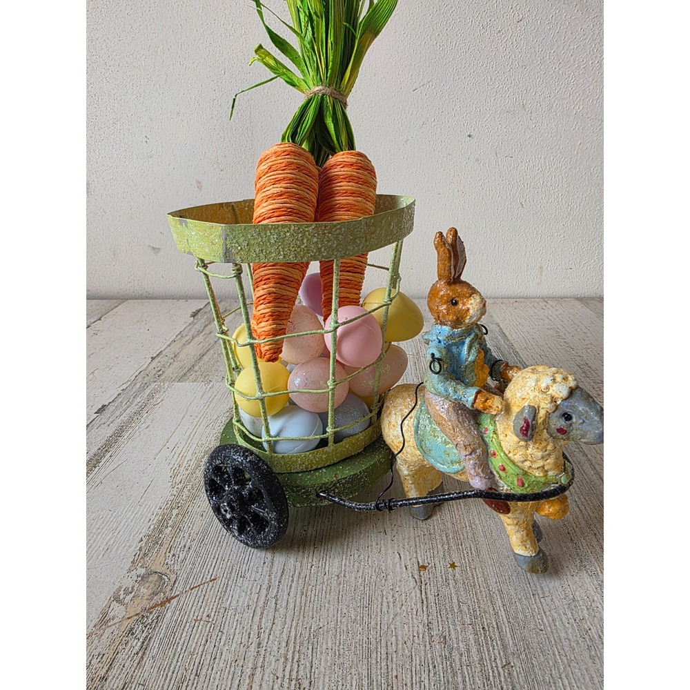 Vintage Easter Bunny cart jointed glitter crackle statue figurine rabbit